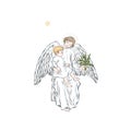 Guardian angel with baby keeps spruce branch
